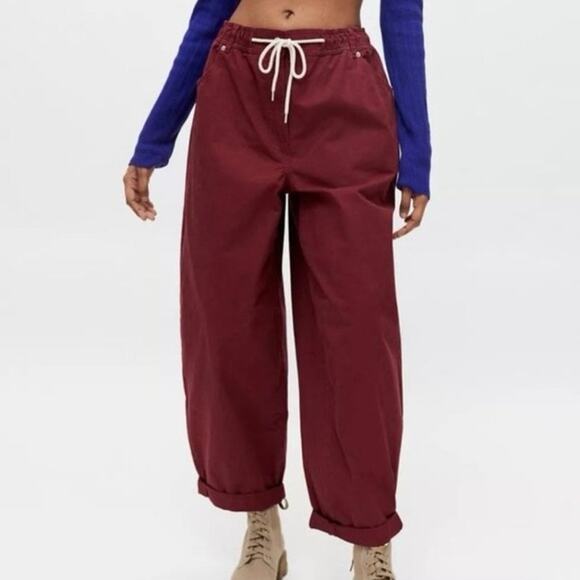 NEW UO URBAN OUTFITTERS BDG Burgundy Wine Red Wide Leg Drawstring Waist Pants S - Picture 1 of 11
